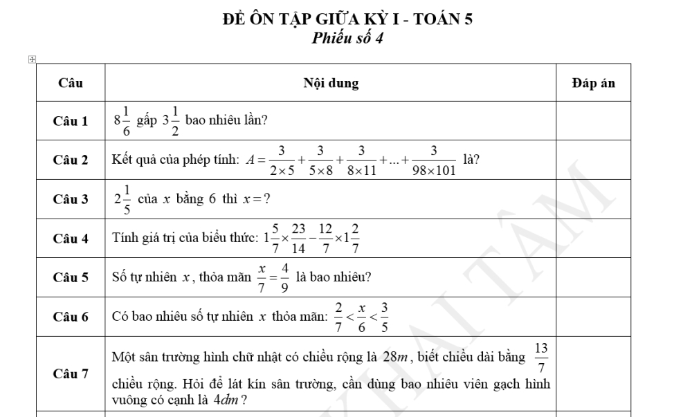 Toán 5. Tài liệu chất lượng cao Ôn tập giữa học kỳ 1. Phiếu 4
